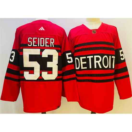 Men Detroit Red Wings 53 Moritz Seider Red 2022 23 Reverse Retro Stitched Jersey